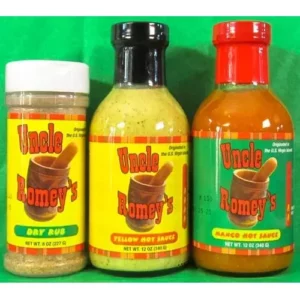 Uncle Romey's Dry Rub, Yellow Hot Sauce and Mango Hot Sauce set